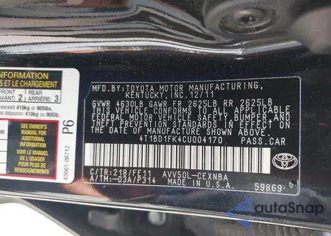 2012 Toyota Camry Hybrid Le z USA, uszkodzony, nr VIN 4T1BD1FK4CU004170